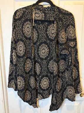 Altar'd State Black Open Front Cardigan with Cream Medallion Print